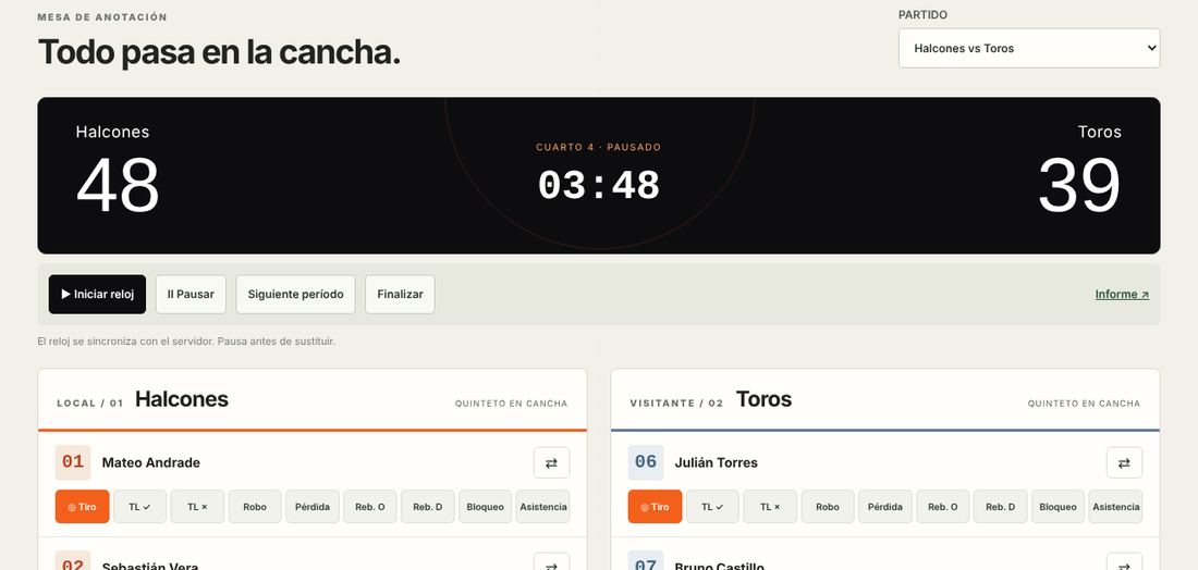 Mesa de anotación de Watch Tower con marcador 48 a 39, reloj del cuarto 4 y los quintetos de ambos equipos con sus botones de acciones